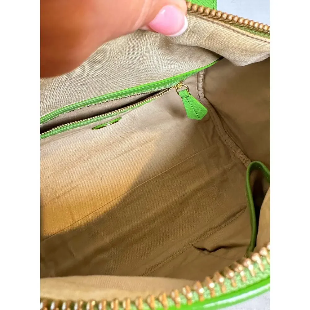 Tory Burch Green Nylon & Leather Boston Satchel Gold Hardware Bag Charm